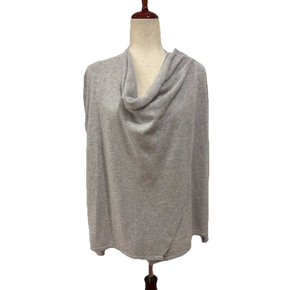Garnet Hill 100% Cashmere Cowl Neck Sweater Gray Draped Front Soft Knit Womens M